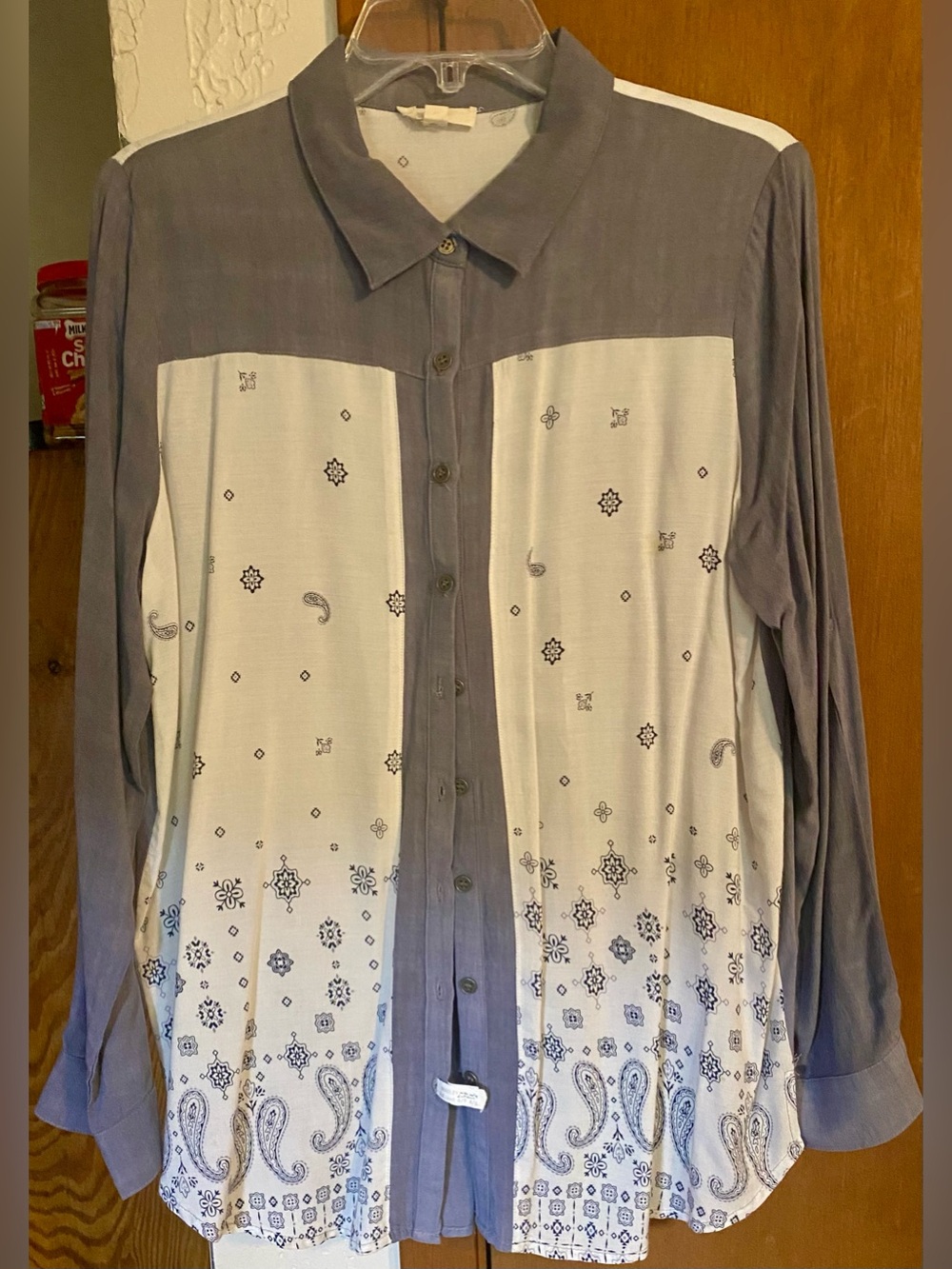 Oddi Sz: L mixed-media button-down shirt color-blocked patchwork pattern